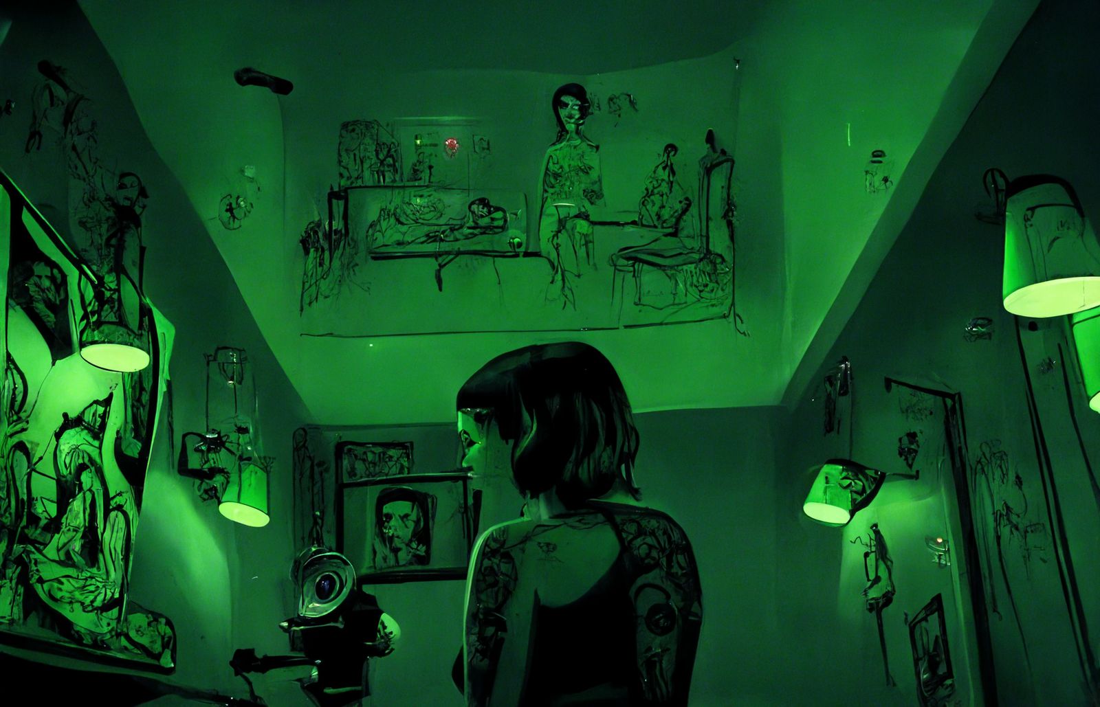 a woman standing in a room with green lights