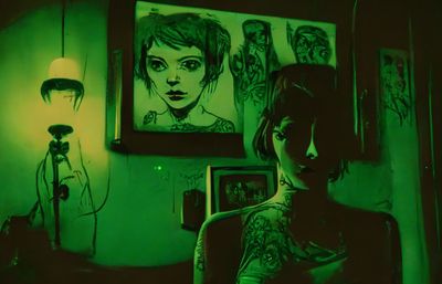 a woman with tattoos standing in a room