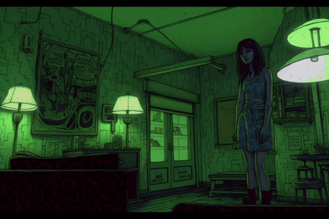 a woman standing in a room with green lights