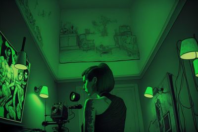 a woman standing in a room with green lighting