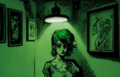 a drawing of a woman in a green room