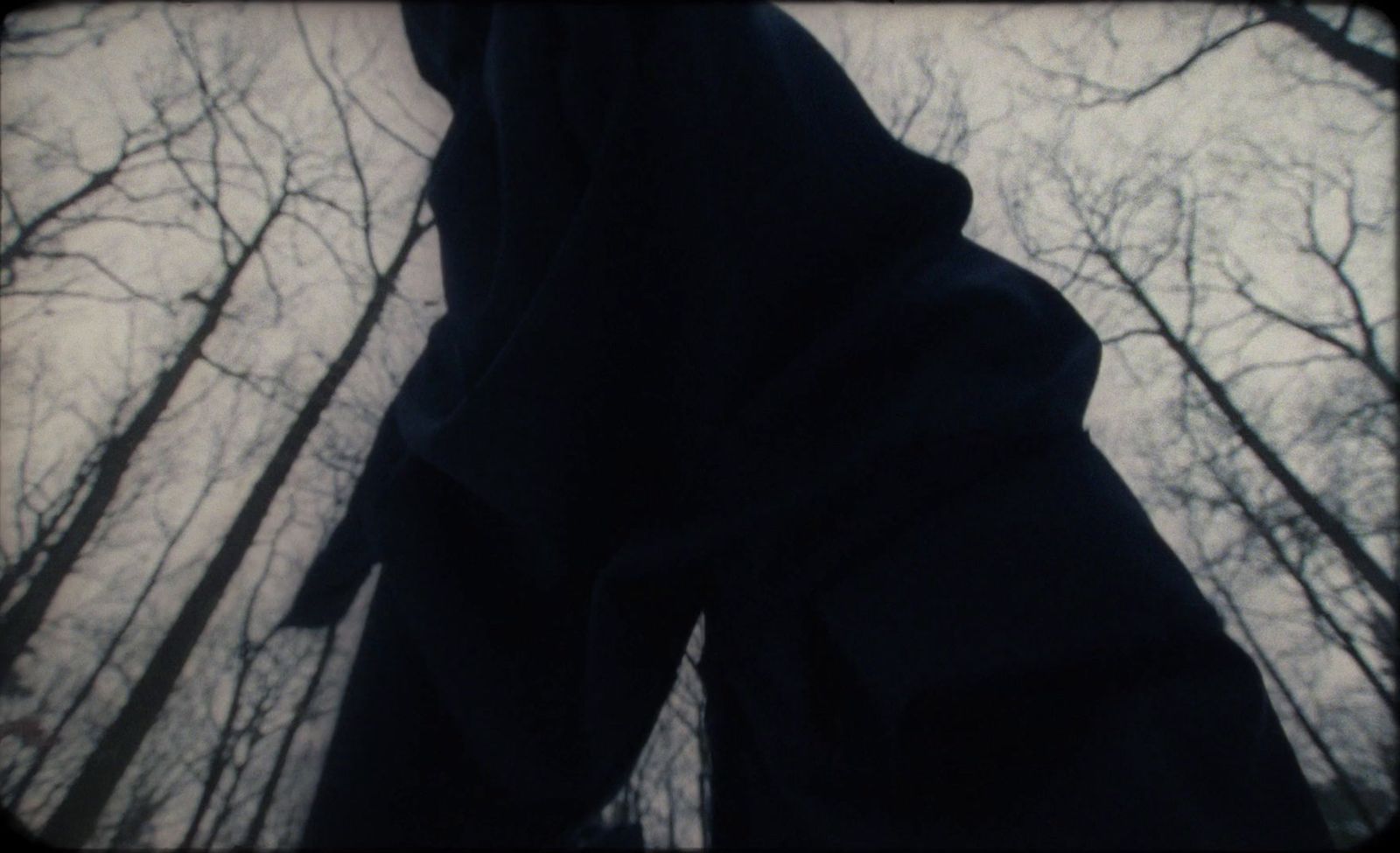 a person in a hooded jacket standing in front of trees