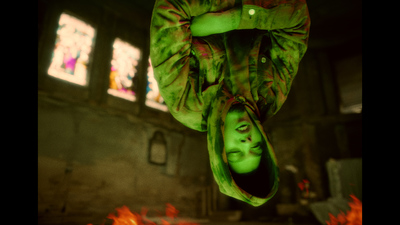 a woman with green hair is suspended upside down