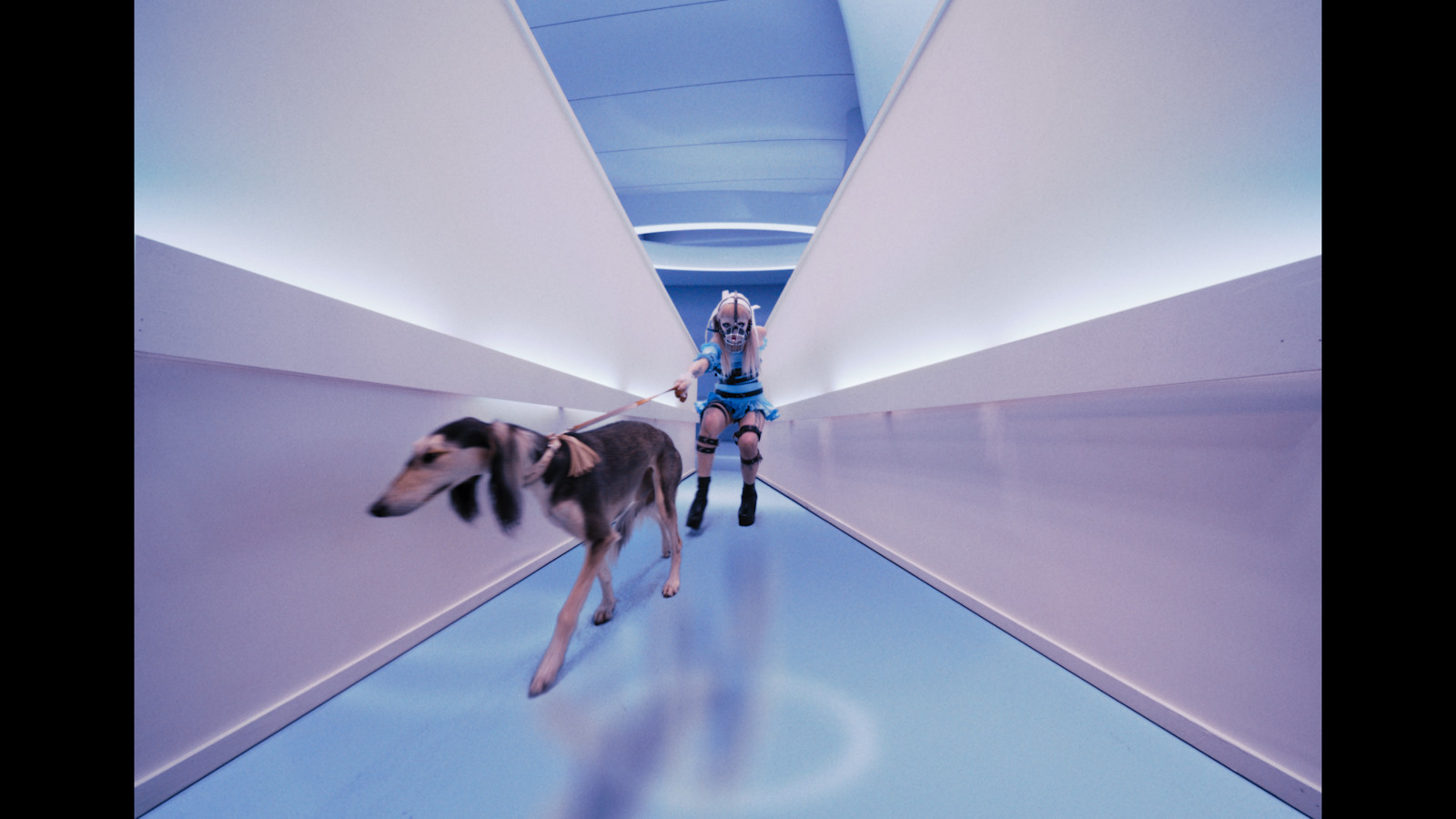 a woman walking a dog down a hallway