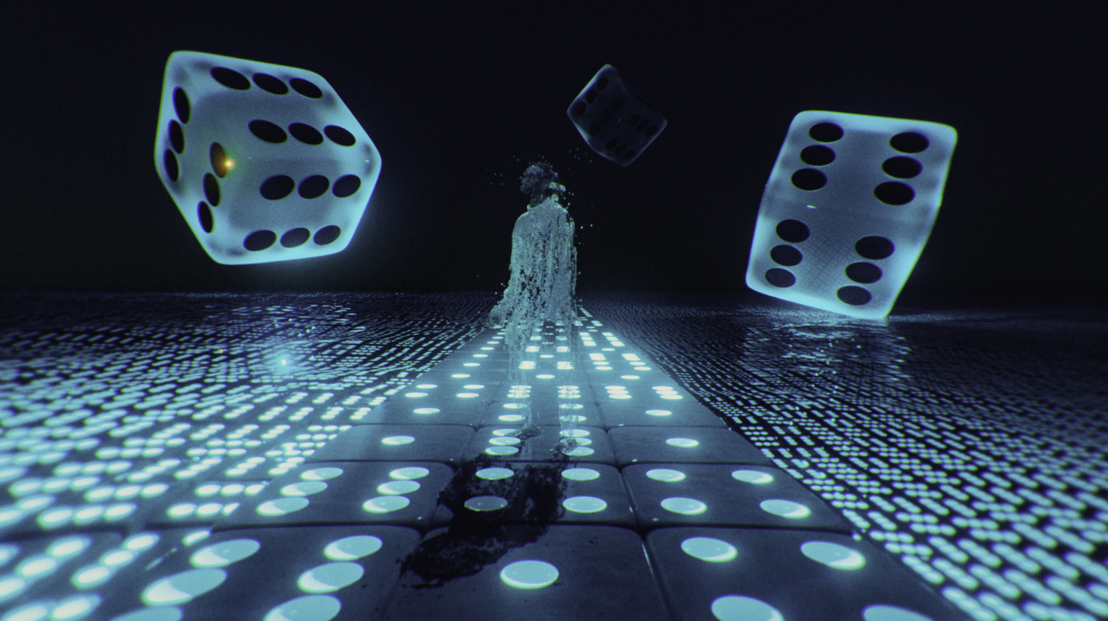 a woman standing on a tiled floor next to a pair of dice