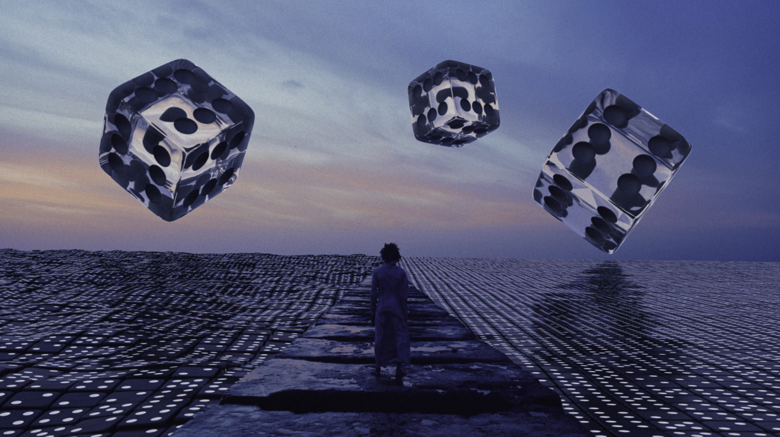 a man standing in front of a group of cubes floating in the air