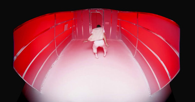 a person standing in a room with red walls