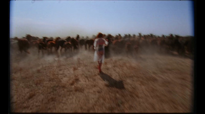 a large group of people walking through a field