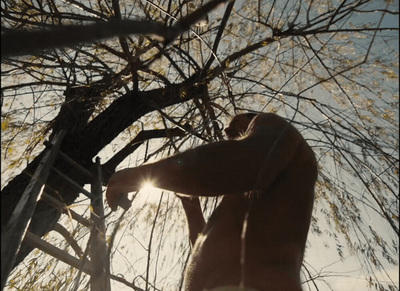 a naked man standing in front of a tree