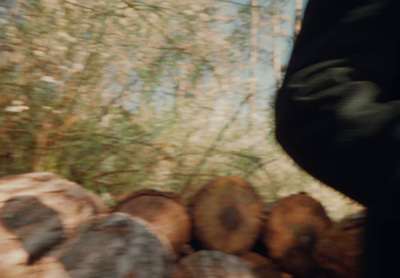 a man standing next to a pile of logs