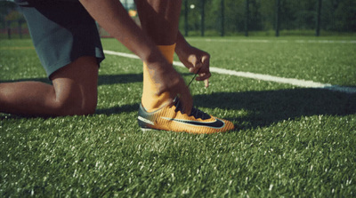 a person tying a shoelace on a soccer field