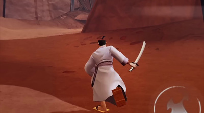 a cartoon character with a sword in a desert