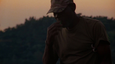 a man standing in front of a forest at sunset