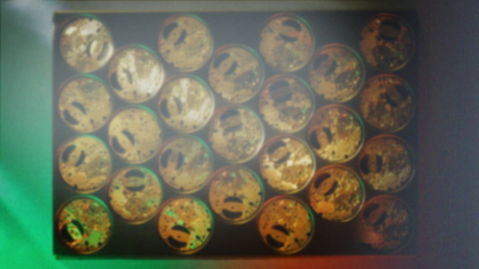 a group of gold coins sitting on top of a table