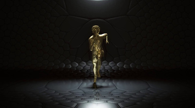 a golden man standing in a dark room