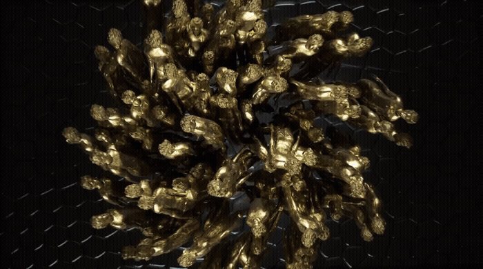 a close up of a gold object on a black background