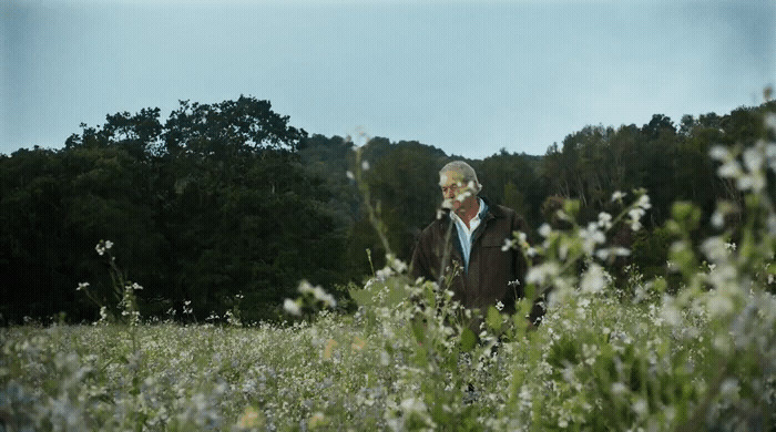 a man standing in a field with trees in the background