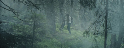 a couple of people standing in the middle of a forest