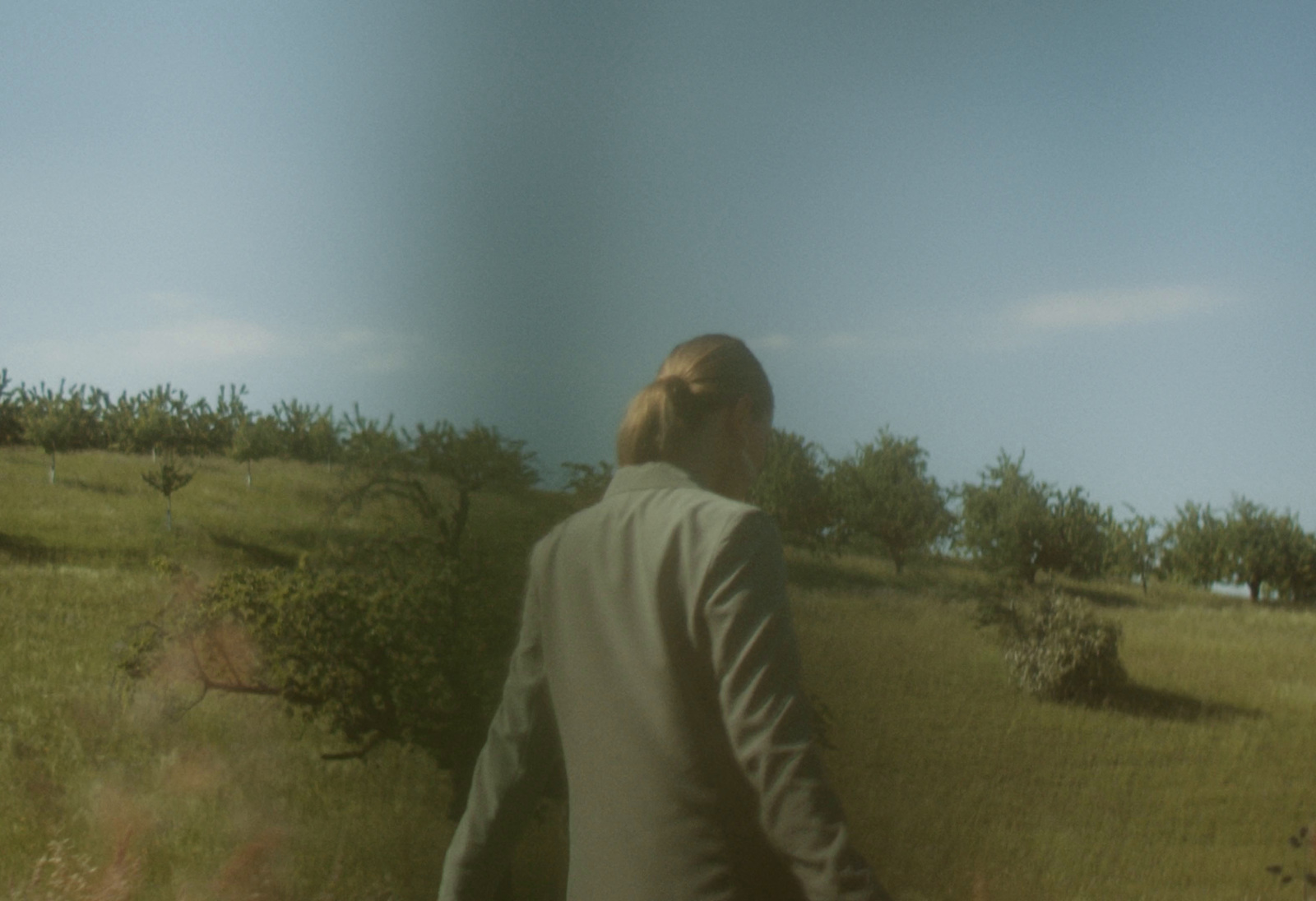 a man in a suit is walking through a field