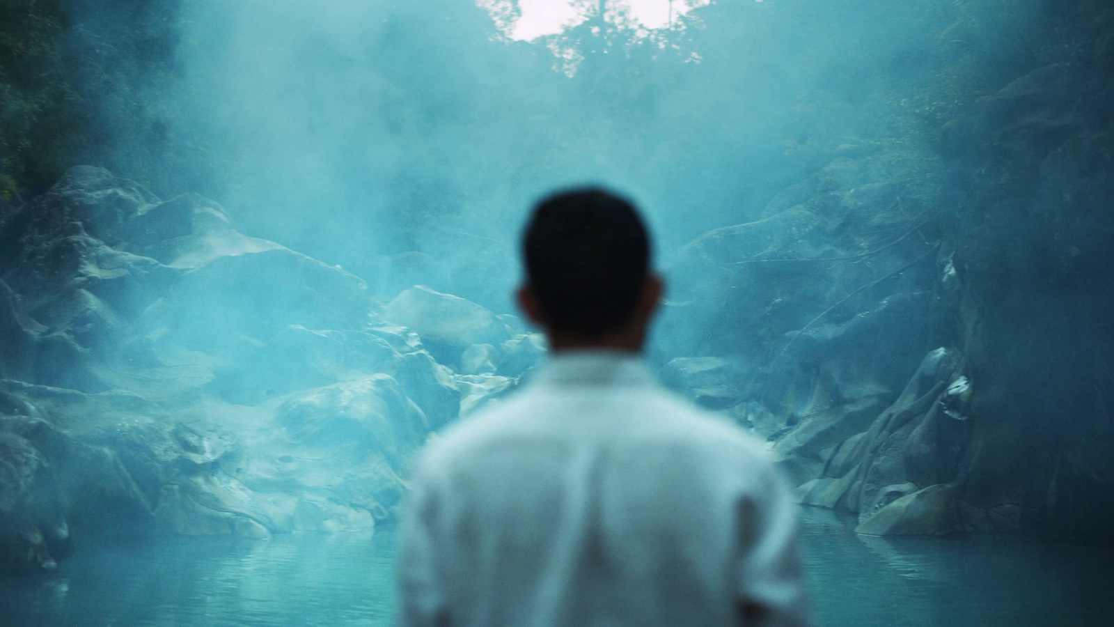 a man standing in front of a river in a forest