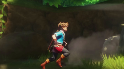 a woman in a blue shirt is running through a forest