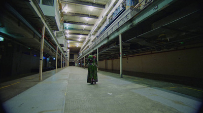 a woman in a long green dress is walking down the street