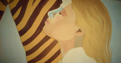 a painting of a woman's face with a striped background