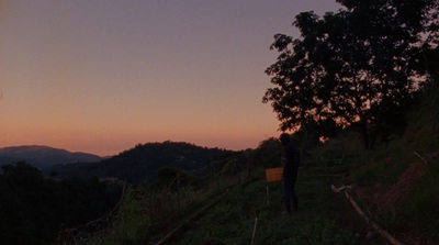 a person standing on a hill at sunset