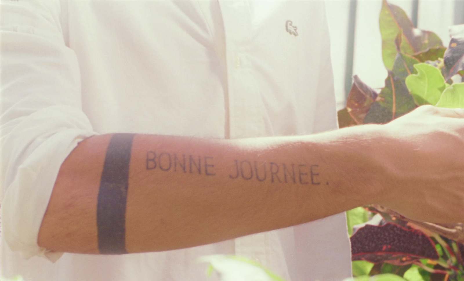 a man with a tattoo on his arm holding a plant