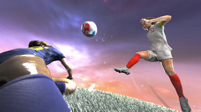 a woman kicking a soccer ball on top of a field