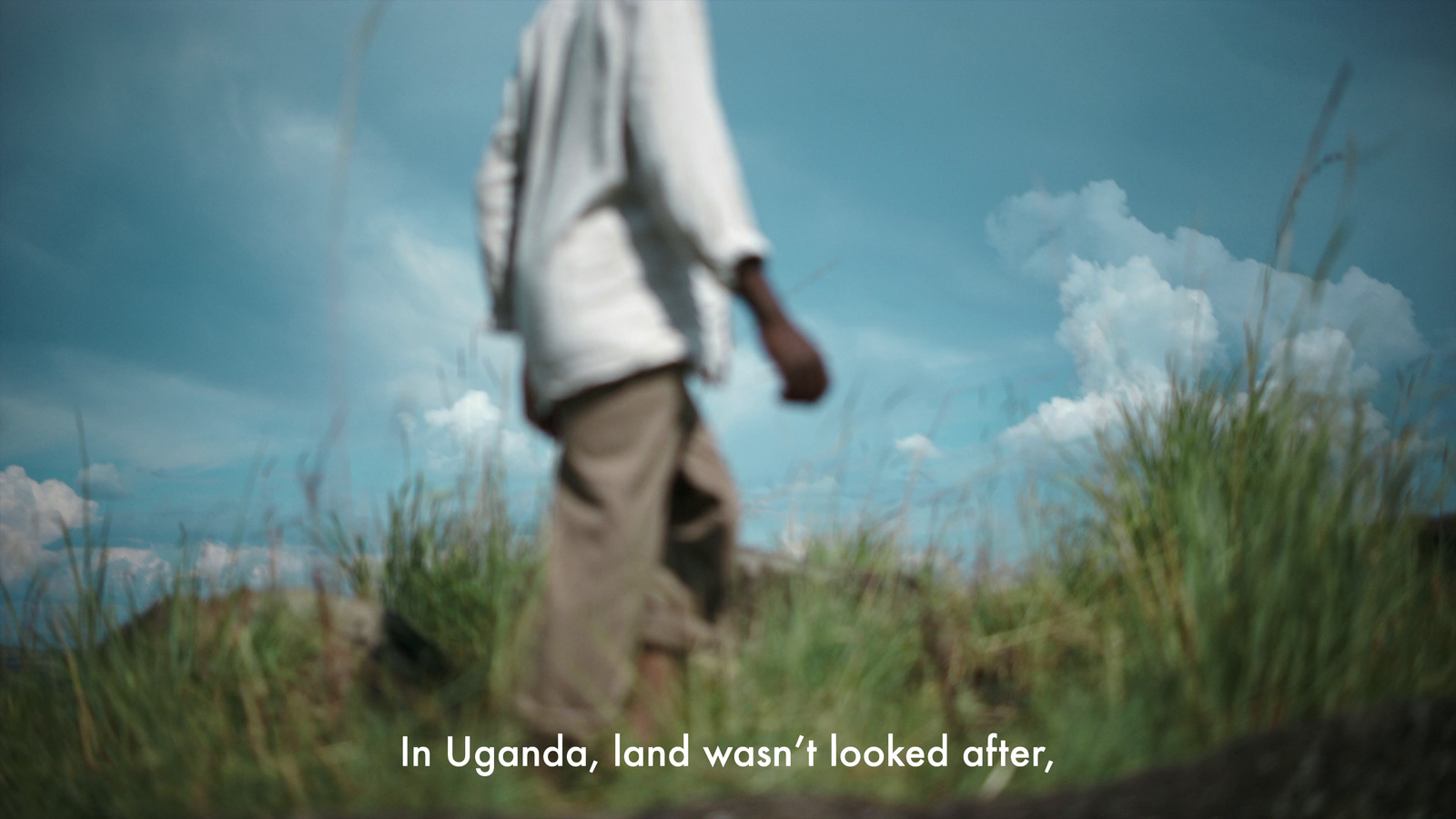 a man walking through a lush green field under a blue sky