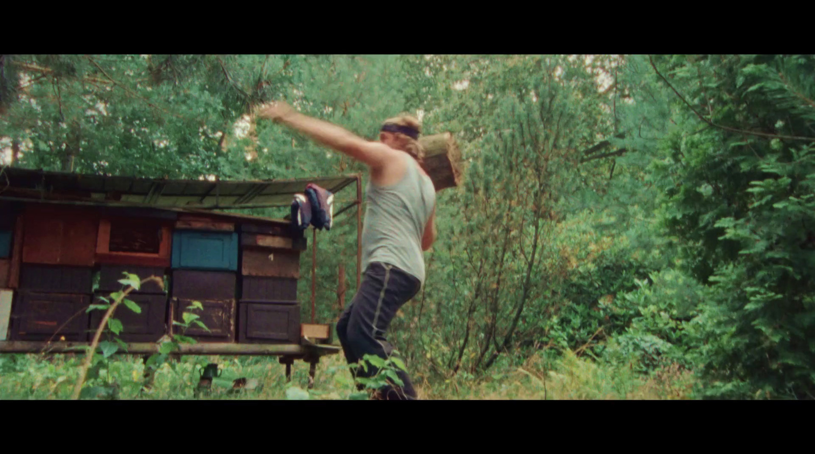 a man standing on top of a wooden bench in a forest