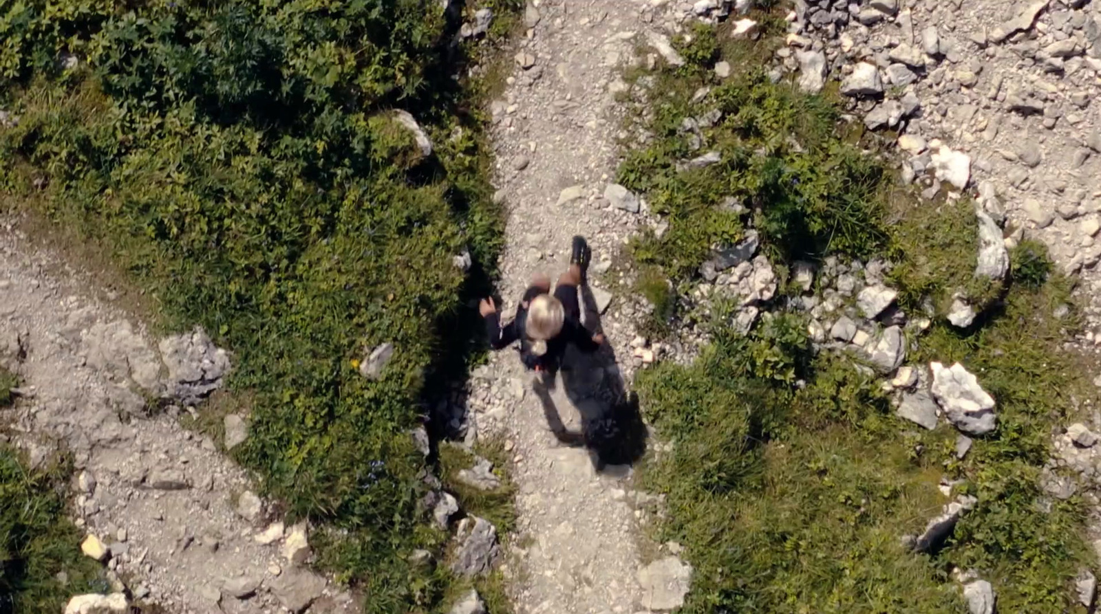 an aerial view of a man walking down a trail