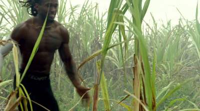 a man walking through a field of tall grass