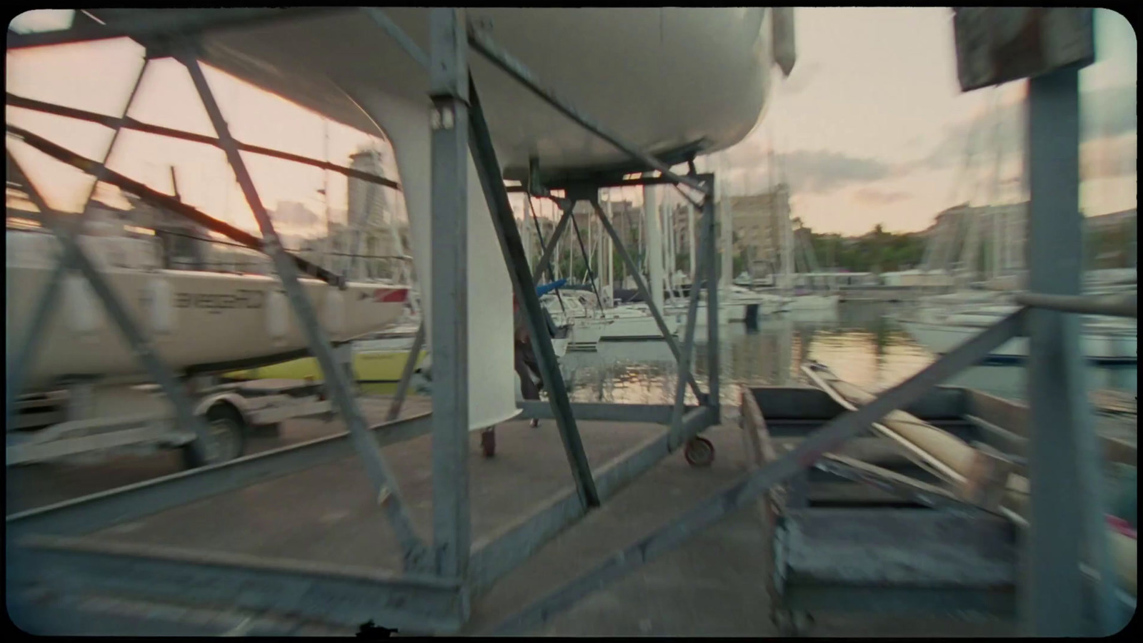 a blurry photo of a boat docked at a marina