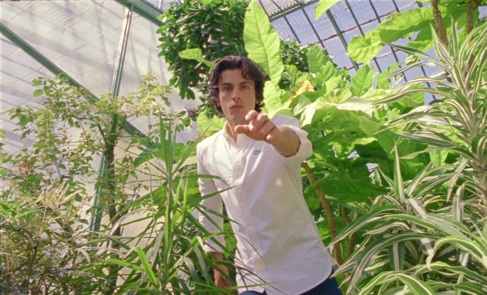 a man pointing at something in a greenhouse