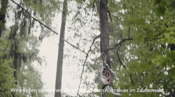 a person riding a zip line in a forest