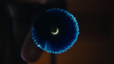 a close up of a person holding a blue object