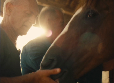 a man and a woman petting a horse