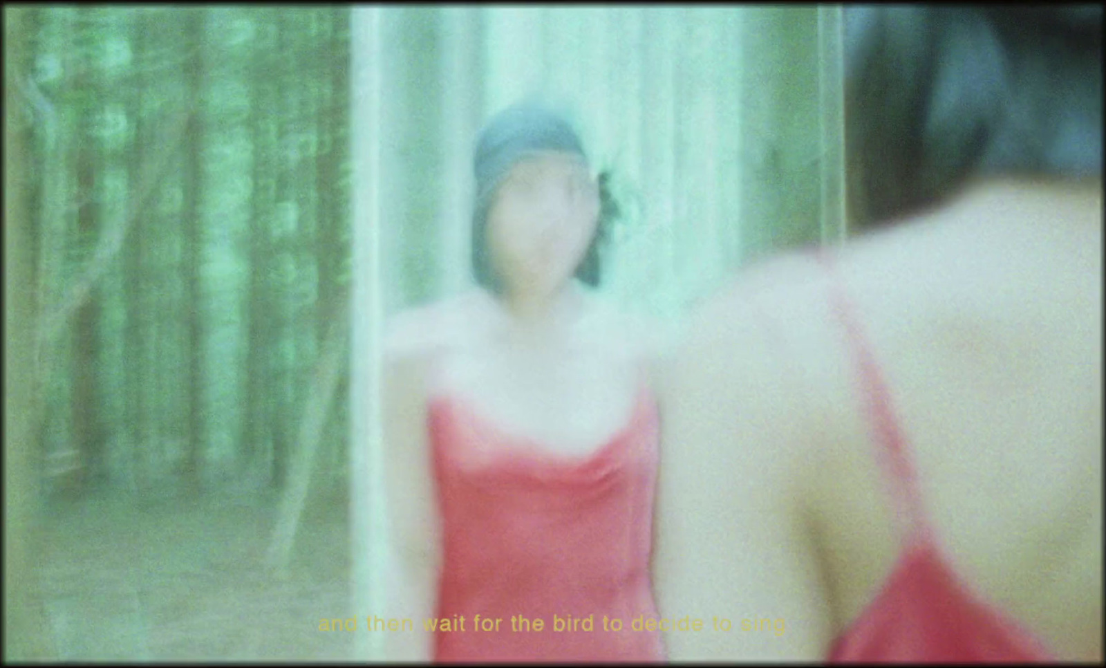 a blurry photo of a woman in a red dress