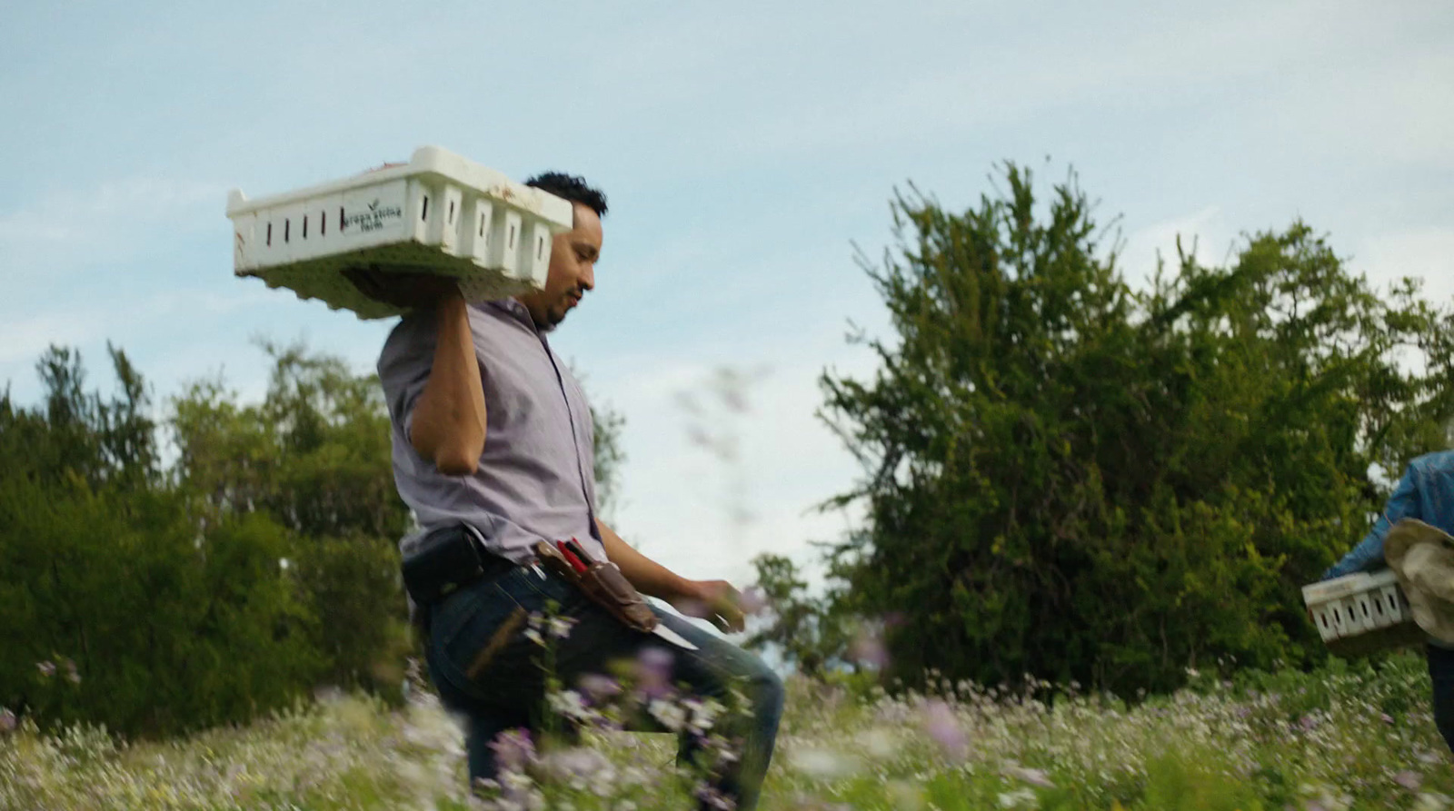 a man carrying a basket on his head while walking through a field