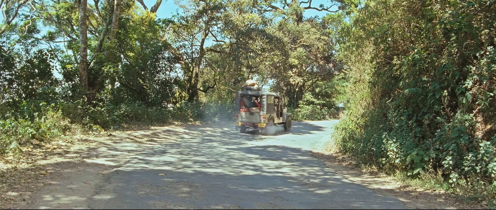 a jeep driving down a dirt road surrounded by trees