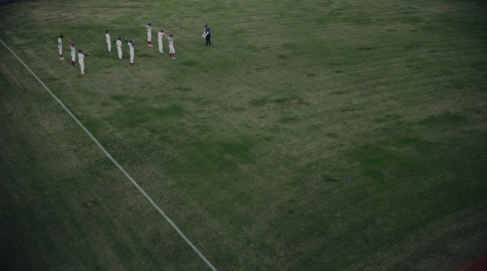 a group of people standing on top of a lush green field