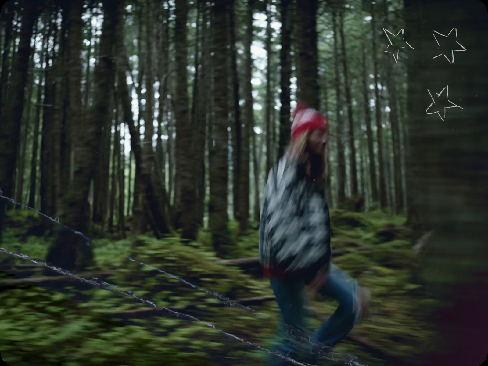 a blurry photo of a person walking in the woods