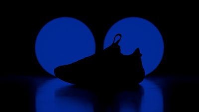 a black and blue photo of a shoe