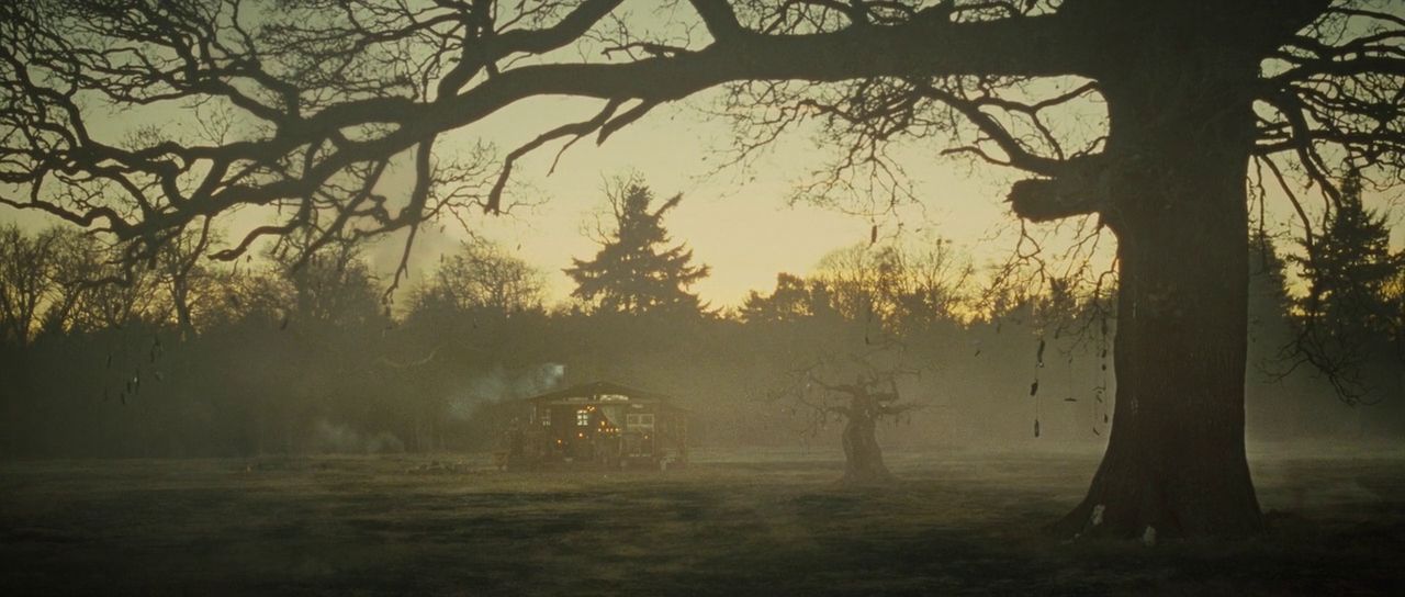 a foggy field with trees and a small house in the distance