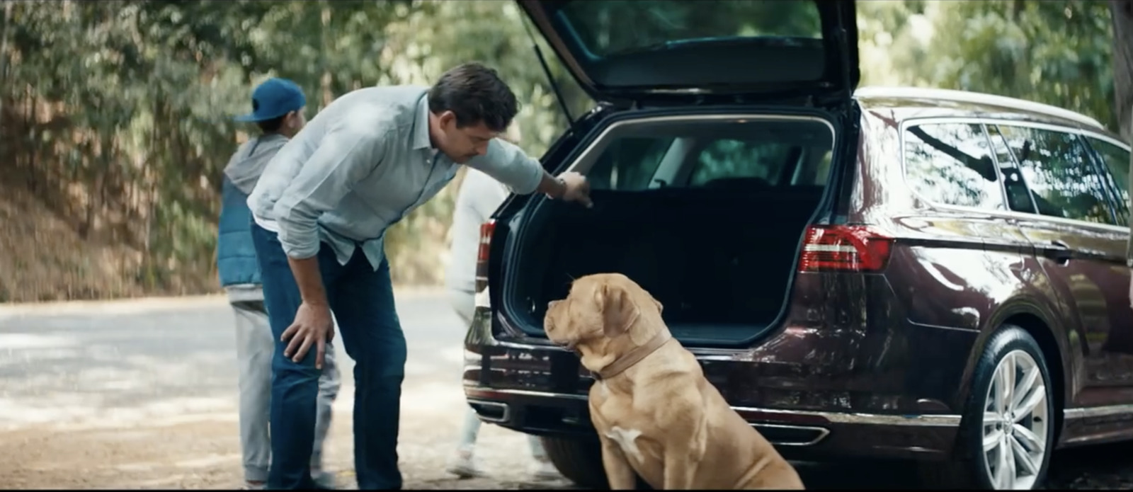 a man standing next to a brown dog near a car