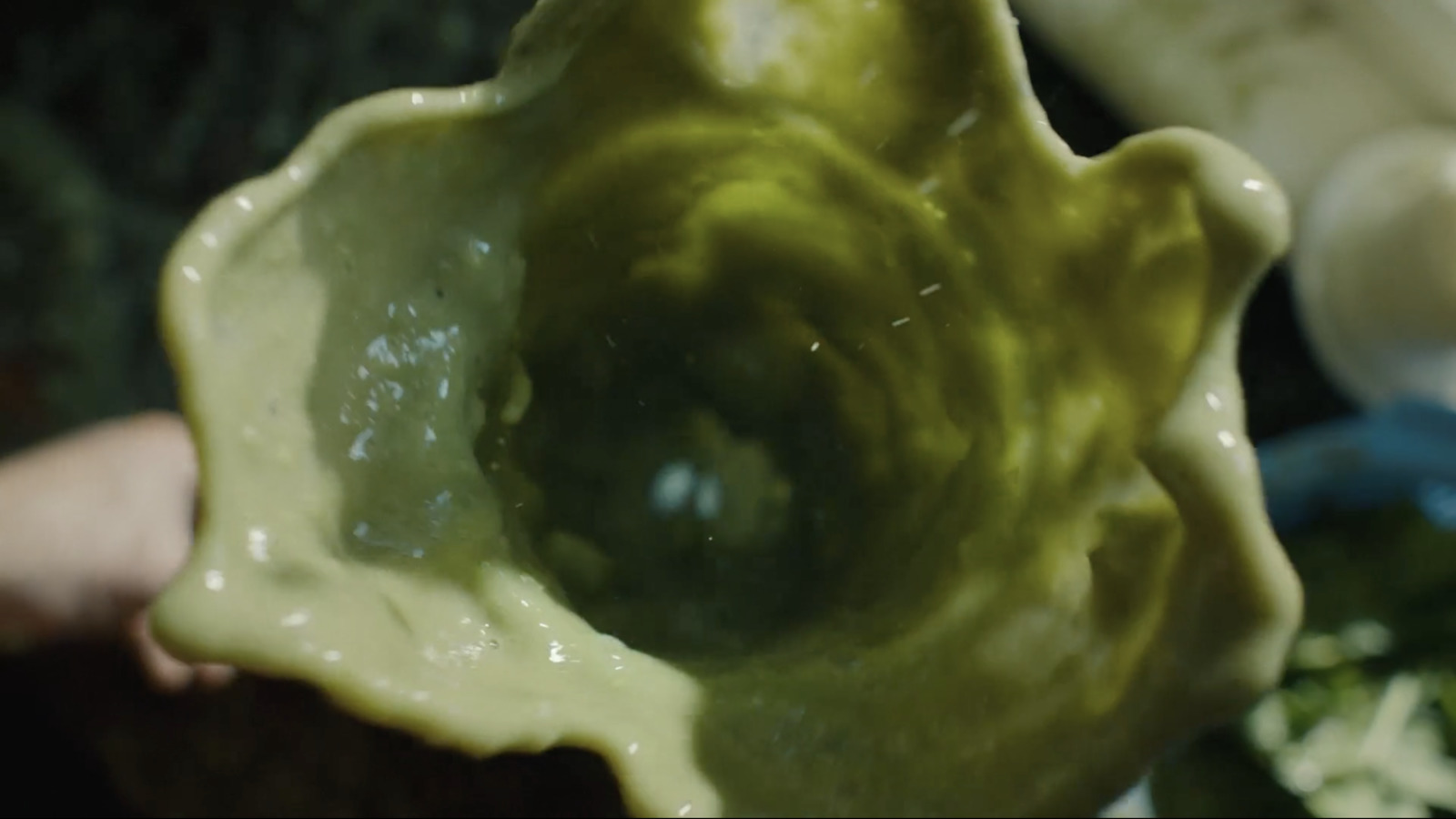 a close up of a person holding a piece of broccoli