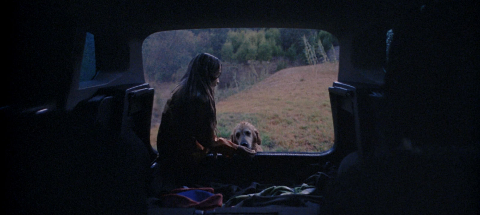 a woman sitting in the back of a truck next to a dog