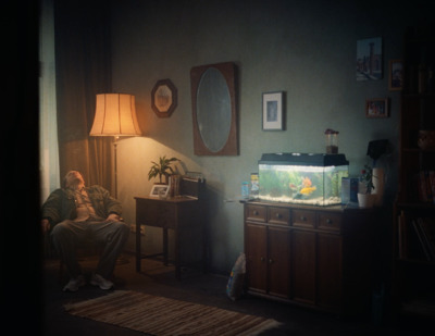 a man sitting in a chair next to a fish tank